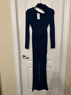 Studio Navy One-Shoulder Long-Sleeve Jumpsuit with Waist Tie